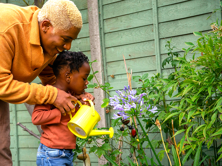 adult and child using a bright yellow watering can to water a plant outside