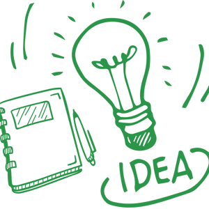 Green outline of a notebook and pen. To the right is a green outline of a lightbulb with the writing 'idea' underneath
