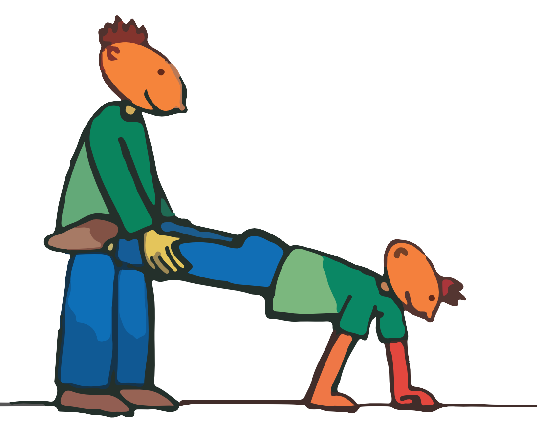 Graphic of adult holding the legs of a child as the child walks along on their hands.