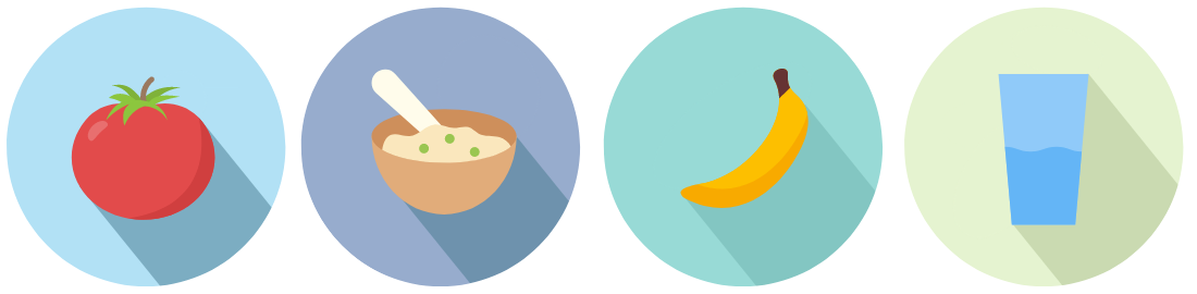 A tomato, bowl of cereal, banana and glass of water each on a coloured background circle