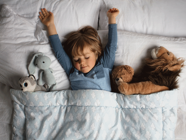 child stretching in bed with toy lemur, rabbit, teddy bear and lion.